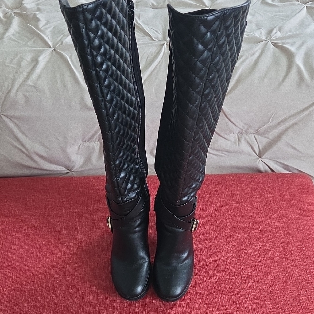 Black Quilted Knee-High Boots